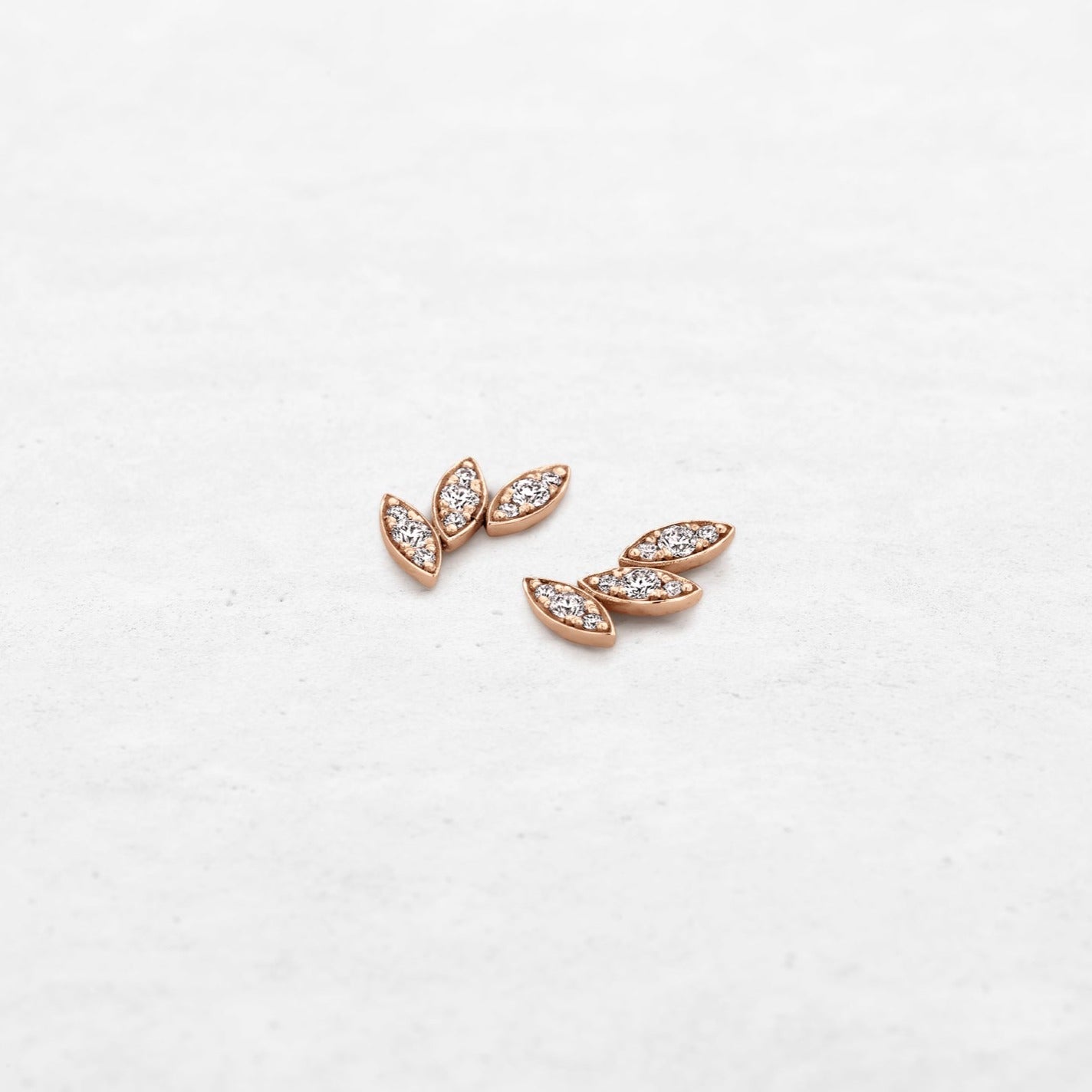 Triple diamond leaf earring studs in rose gold made by O! Jewelry