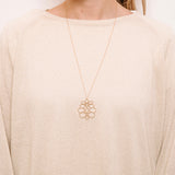 model wearing necklace in rose gold made by O! Jewelry